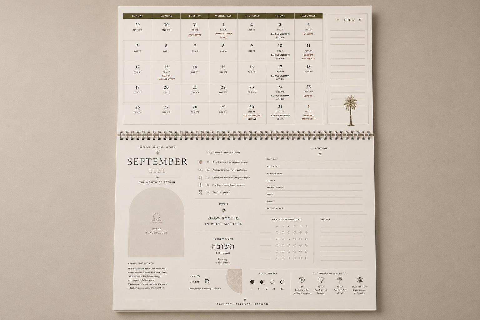 Open calendar showing the monthly grid, intentions, reflection prompts, moon phases, and notes